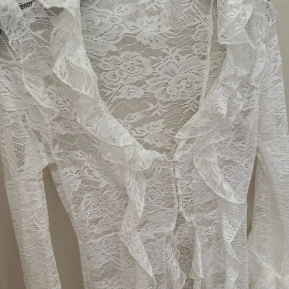 Women’s White Long Sleeve Ruffle Sheer Lace Maxi Dress Top Kimono - Picture 10 of 13